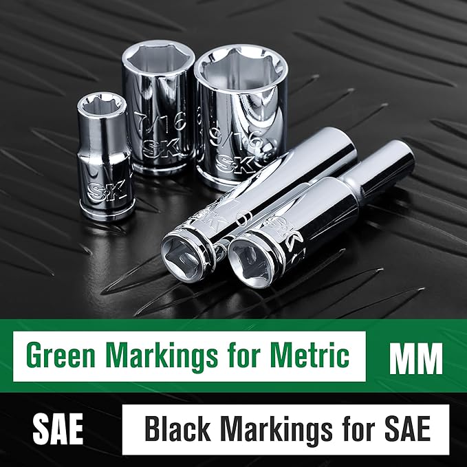 SK 1/4" Drive Socket Set, SAE Sockets, 10-Piece 3/16" to 9/16 ", SuperKrome Finish, Premium CR-V Construction, with Aluminum Socket Organizer