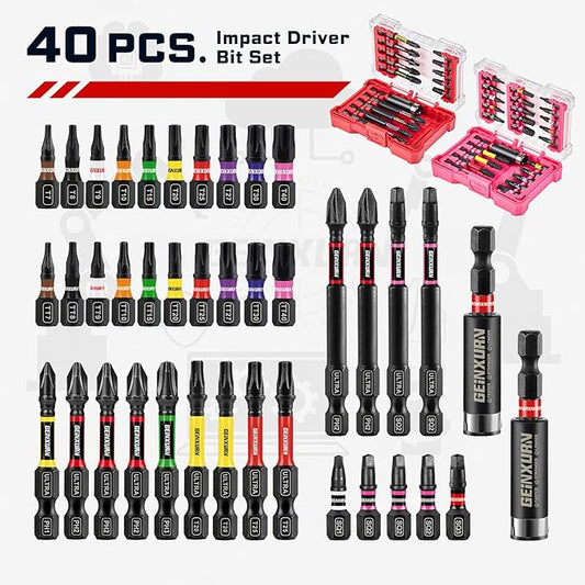 40Pieces Impact Screwdriver Bits Set, Magnetic S2 Steel Phillips/Square/Torx Insert Power Bits Tips,Impact Bit Holder with Storage Box Case