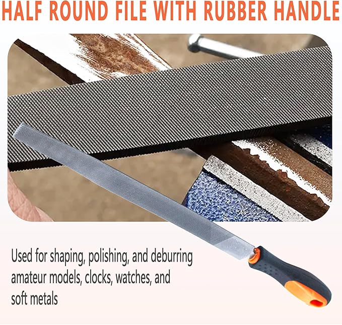 10" Handy File with Rubber Hand Grip Handle, Half Round File for Plastic Laminate Edge Finishing,High Carbon Hardened Steel Flat Mill File(1 Pcs)
