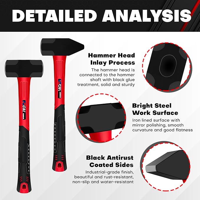 C&T 2 Piece Hammer Set, 3lb Sledge Hammer-Drilling Hammer & blacksmith hammer,mini sledge, cross peen hammer, Fiberglass & Soft No-Slip Handle,Perfect for Demolition, Construction and Blacksmithing