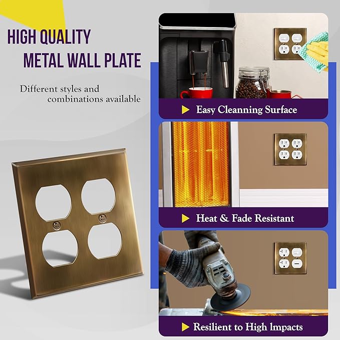 ENERLITES Antique Brass Double Duplex Receptacle Metal Wall Plate, Stainless Steel Outlet Cover, Corrosion Resistant, Standard Size 2-Gang 4.50" x 4.57", Stainless Steel 201, 7722-AB