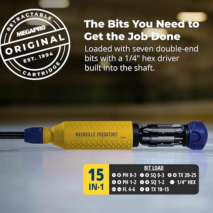 MEGAPRO짰 NHL짰 Team Edition Multi-bit Screwdriver | Officially Licensed NHL짰 Gear | Durable, Ergonomic, Pro-Grade Screwdriver (Nashville Predators짰)