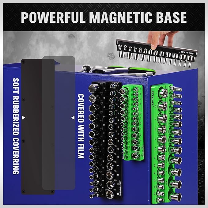 SWANLAKE 4-Piece Magnetic Socket Organizer Set, Metric & SAE Socket Holder Set Includes 1/4", 3/8" Drive Sockets Trays, Magnetic Sockets Organizer for Tool Box Drawer