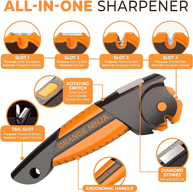 Orange Ninja 7-in-1 Garden Tool & Knife Sharpener ??Sharpens Pocket Knives, Axe, Hatchet, Machete, Pruner & Shears ??One Tool for All Your Outdoor Blades by Sharp Pebble