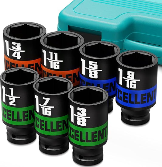 7 Pieces 1/2-Inch Drive Impact Socket Set, 1-3/8" to 1-3/4" Deep Socket, 6 Point SAE Sockets for Automotive Repair, Equipment Maintenance