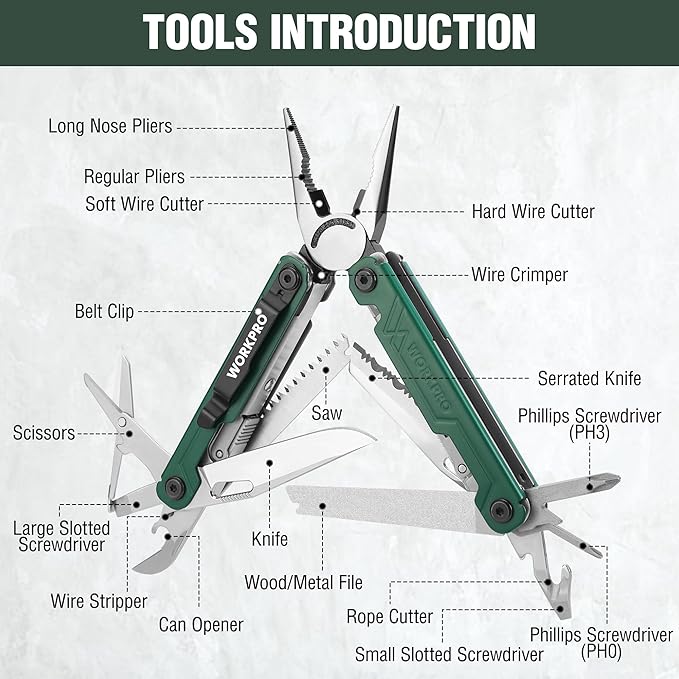 WORKPRO 18-in-1 Multi Tool Pliers, Gifts for Men, Stainless Steel EDC Multitool with Pocket Knife, 2 Safety Locks, Belt Clip and Oxford Pouch, Utility Multiuse Tool for Camping