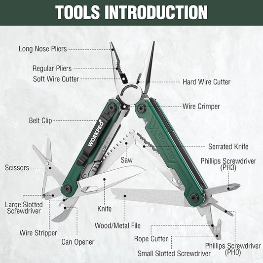 WORKPRO 18-in-1 Multi Tool Pliers, Gifts for Men, Stainless Steel EDC Multitool with Pocket Knife, 2 Safety Locks, Belt Clip and Oxford Pouch, Utility Multiuse Tool for Camping