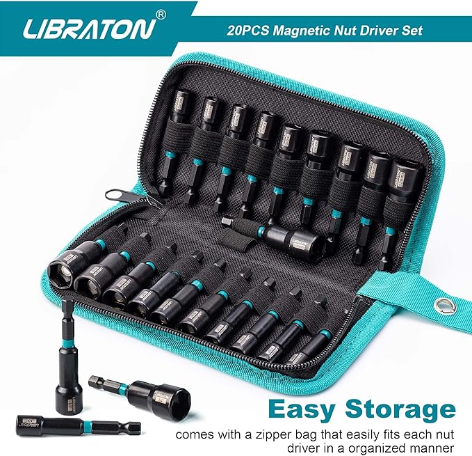 Libraton 20PCS Magnetic Nut Driver Set, Impact Drill Driver Bit Set 1/4", Metric and SAE Nut Driver, with Storage Bag, 5-13mm and 3/16''-1/2'' Nut Drivers