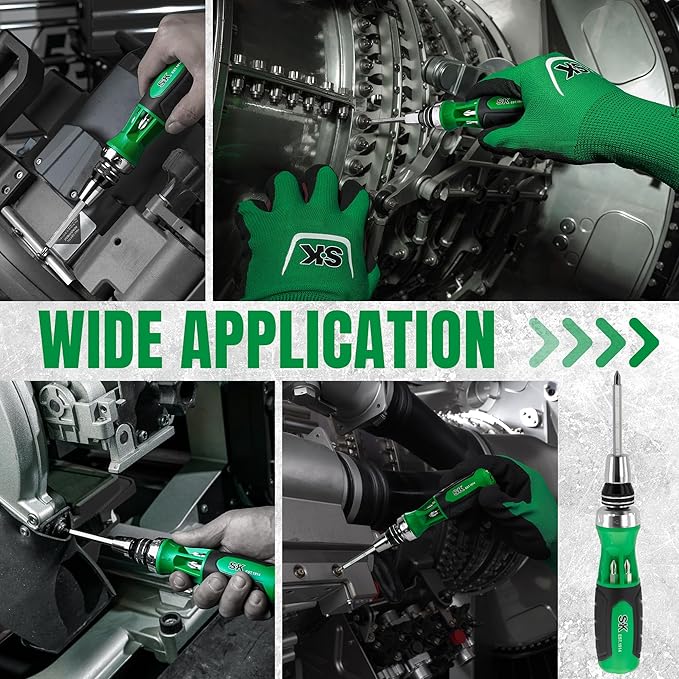 SK 12-in-1 Ratcheting Screwdriver, 216-P, Multi-bit Driver with Quick-Load Mechanism, S2 Steel, with Phillips, Slotted, Star, Square Bits Stored in Handle