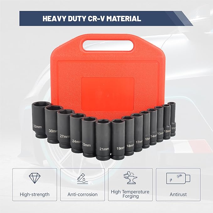 1/2" Drive 6 Point Deep Impact Socket Set 14 Pieces impact sockets set Metric Standard Impact Socket Set,CR-V,11mm to 32mm