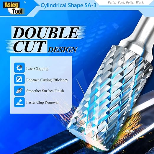 SA-3 Tungsten Carbide Burr Rotary File Cylindrical Shape Double Cut for Die Grinder Drill Bits 1/4'' Inch Diameter of Shank and 3/8'' Inch Diameter of Cutter 3/4'' Inch Cutter Length
