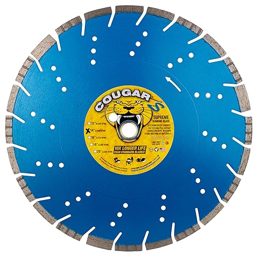 Cougar S 14 Inch Concrete Diamond Blade, Supreme Segmented Blade, Dry/Wet Fast Cutting High-PSI Concrete, Asphalt, Green Concrete, Stone, 1"-20mm Arbor