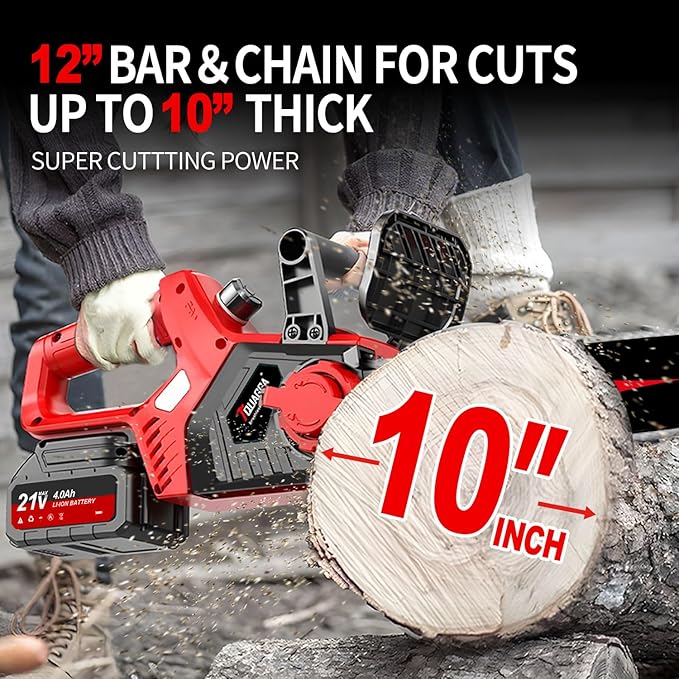 21V Cordless Power Chain Saw – 12 Inch Powerful Brushless Chainsaw for Wood Cutting, Tree Trimming & More! (Battery & Charger Included)