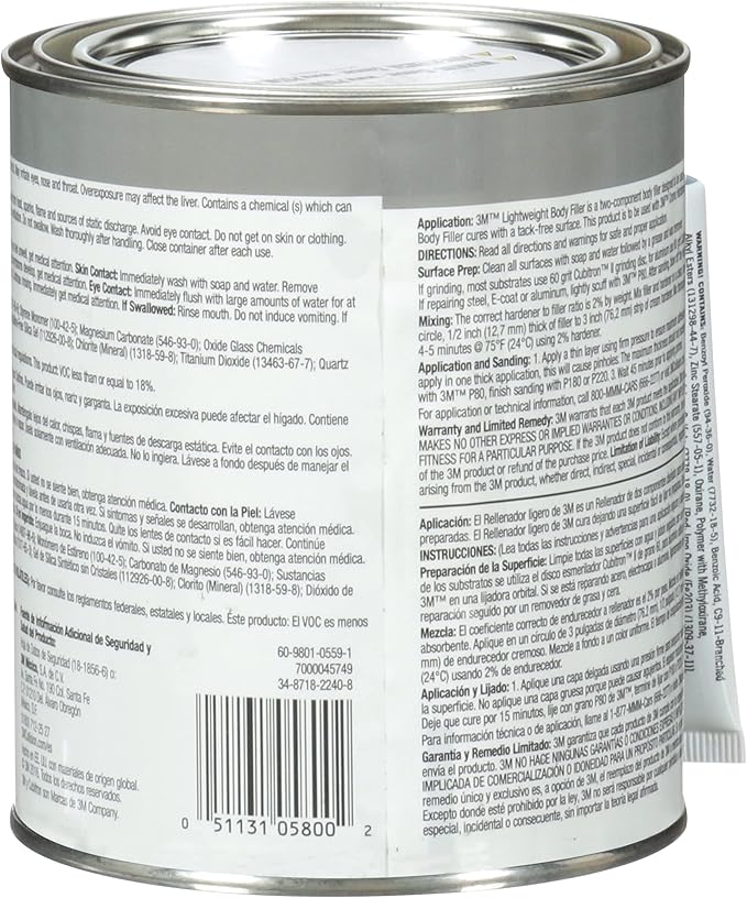 3M Lightweight Body Filler, 05800, 1 qt, White, Repairs Dents, Dings for Automotive