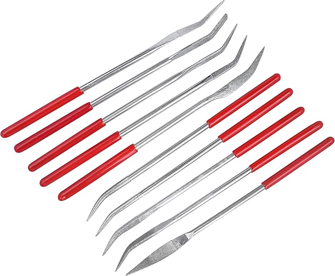 YAKAMOZ 10PCS Curved Mini Diamond Needle File Set Bent Small Metal Riffler Files Hand Tools for Glass Wood Stone Jewelry - Round Triangular Square Flat Shape 3x140mm