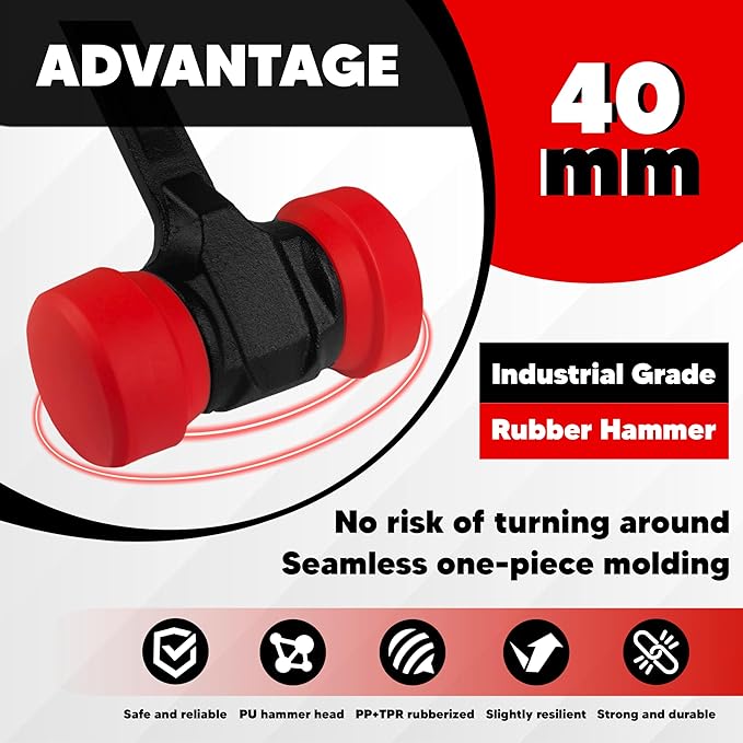 YIYITOOLS 40mm 2-Sided Soft Face Hammer,High Carbon Steel Forging,Double Face Installation Mallet with Non-Marring Solid PU Head,Shock-Absorbing Antislip Rubber Handle,for Sheet Metal,Flooring Install