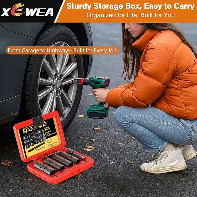 6PCS Lug Nut Impact Socket Set, XEWEA 1/2" Drive 8-IN-4 Flip Socket Design Metric 17 19 21 22 mm & SAE 3/4 13/16 7/8 15/16 in,Dual-End Thin Wall Nut Sockets with 3" Extension Bar & Knockout Bar