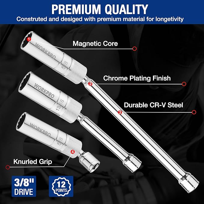 WORKPRO 7 PCS Magnetic Swivel Spark Plug Socket Set, Includes 9/16-inch, 5/8-inch, 13/16-inch, 14MM Thin Wall Sockets with 4, 6, 11-inch Extensions, 3/8" Drive with 12 Points, Magnetic Core