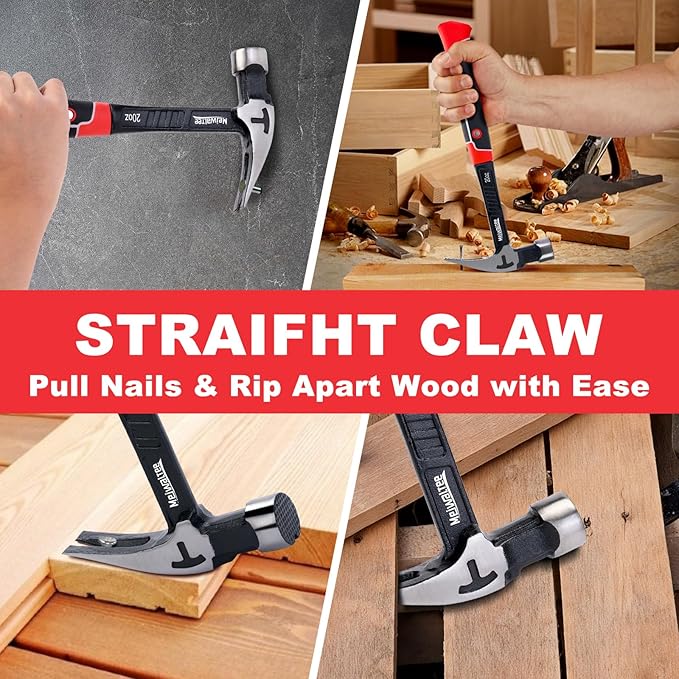 Meiwaltee 20 oz Heavy Duty One-piece Forged Hammer, Straight Claw Hammer with Magnetic Nail Holder, Rip Claw Hammer with Milled Face & Shock-Absorbing Reduction Grip
