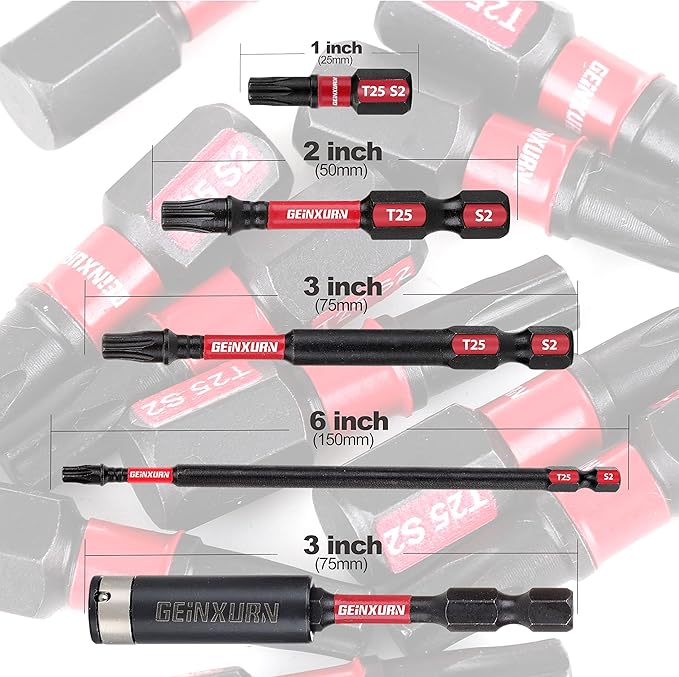 T25 mpact Tough Magnetic #25 Torx Head Power Bits, 7Pieces S2 Alloy Steel T25 Screwdriver Power Bits with 1Pcs Impact Magnetic Drive Guide