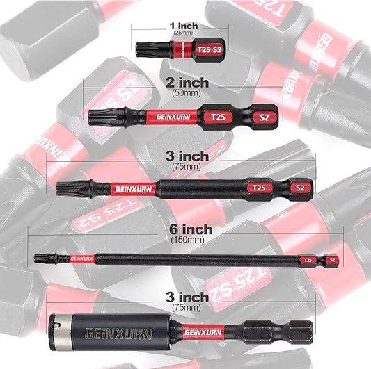 T25 mpact Tough Magnetic #25 Torx Head Power Bits, 7Pieces S2 Alloy Steel T25 Screwdriver Power Bits with 1Pcs Impact Magnetic Drive Guide