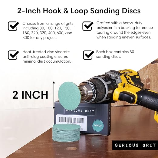 Serious Grit - 2-Inch 320 Grit Sanding Discs - Heavy-Duty Hook & Loop Film Discs - Sandpaper for Woodturning, Bowl Sanding & Power Tool Drill Attachment Sanding Pads - Pack of 50