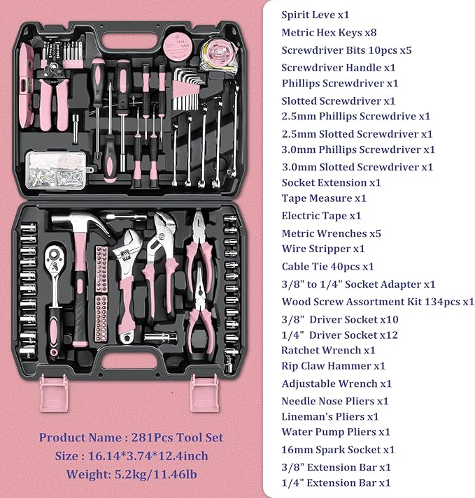 Sundpey Home Tool Kit 281-PCs - General Basic Home Auto Repair Tool Kits - Complete Portable Hand Tool Sets for Women - Tool Box Set with Socket Wrench Set & Screwdriver Sets & Hex Key & Pliers