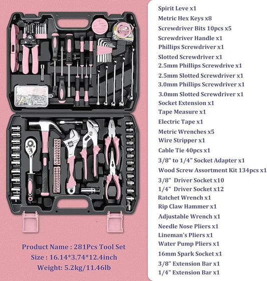 Sundpey Home Tool Kit 281-PCs - General Basic Home Auto Repair Tool Kits - Complete Portable Hand Tool Sets for Women - Tool Box Set with Socket Wrench Set & Screwdriver Sets & Hex Key & Pliers