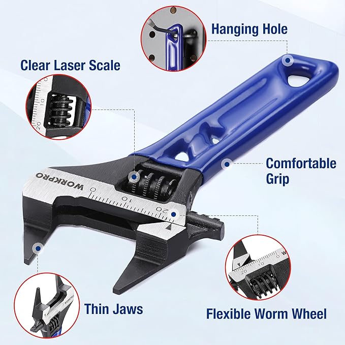 WORKPRO 4-Inch Thin Jaws Stubby Wide Opening Adjustable Wrench, Small Adjustable Wrench with 2mm Slim Jaws for Easy Access to Tight Spaces, Metric/SAE Scales, Cr-V Steel