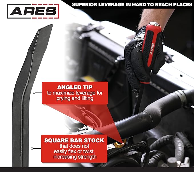 ARES 46008-3-Piece Pry Bar Set - 8-Inch, 12-Inch, and 17.5-Inch Pry Bars - Angled Tip for Lifting and Prying - Comfortable Non-Slip Double Injection Handle - Heavy Duty Striking End Cap