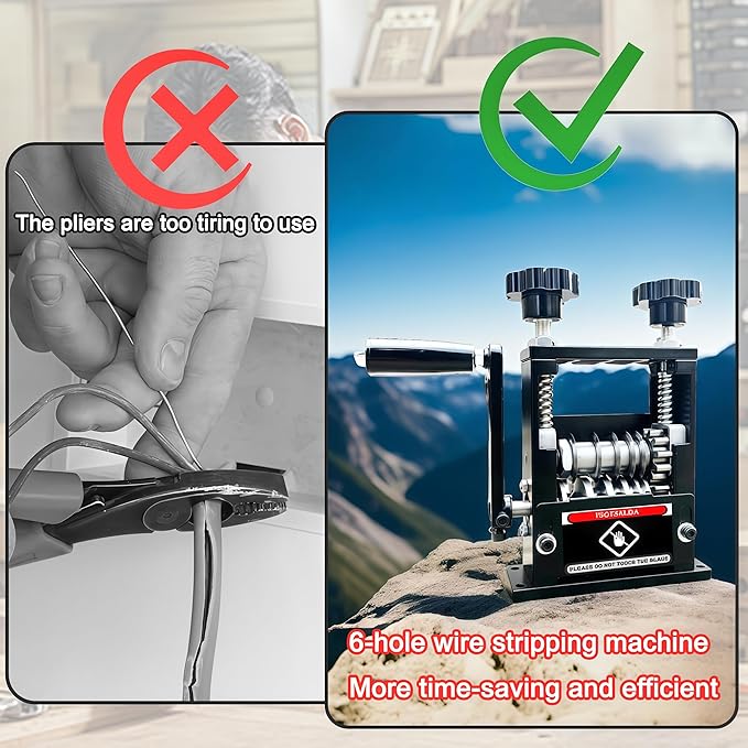Manual Wire Stripper Machine,Drill Powered Hand Crank Wire Stripper Tool With 6 Channels and 5 Blades,Wire Stripping Tool for 0.06"-0.65" Scrap Wire,Scrapping Copper Wire Peeler Machine (Black)