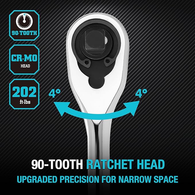 DURATECH Extra Long Handle 3/8-Inch Drive Ratchet, 90-Tooth Ratchet Wrench with 12" Handle and Dust Proof Teardrop Enclosed Head, Reversible, CR-V Steel Made, CR-MO Head, Full Polished, Gifts for Men