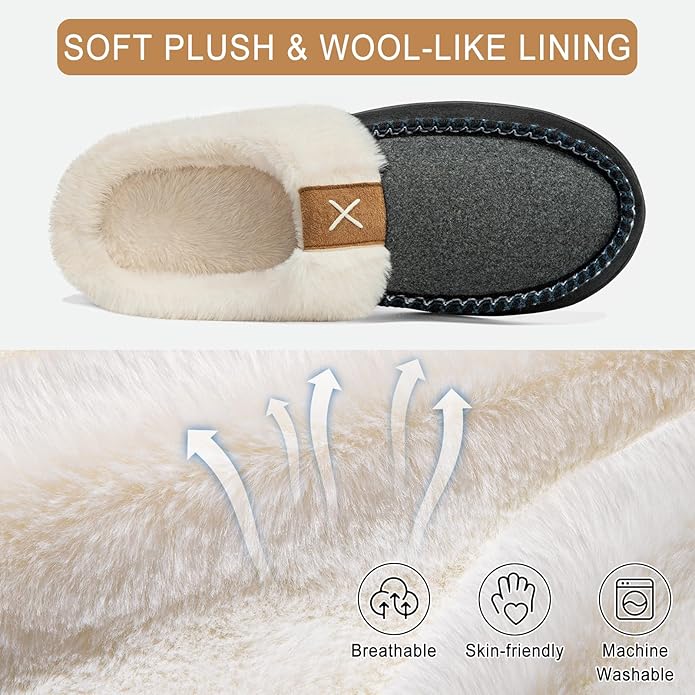 Homitem Mens Slippers Moccasins Memory Foam Fuzzy Slippers for Men Wool-Like Plush Fleece Lined House Shoes Indoor Outdoor Anti-Skid Rubber Sole Home Bedroom