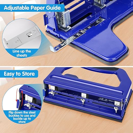 AFMAT 3 Hole Punch Heavy Duty, 9/32" Holes, 50-Sheet Hole Puncher 3 Ring, 50% Reduced Effort, Adjustable Two & Three Hole Punch, Metal Paper Puncher w/Large Chip Tray, Metal Paper Guide, Blue, HP18