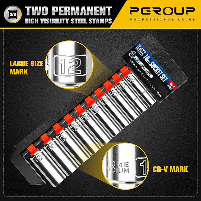 10PCS 3/8??Drive Deep Socket Set, Metric(10mm-21mm), 6-Point, Cr-V Steel, Chrome Plated Socket With Hanging Bracket, Cover Most Commonly Sizes
