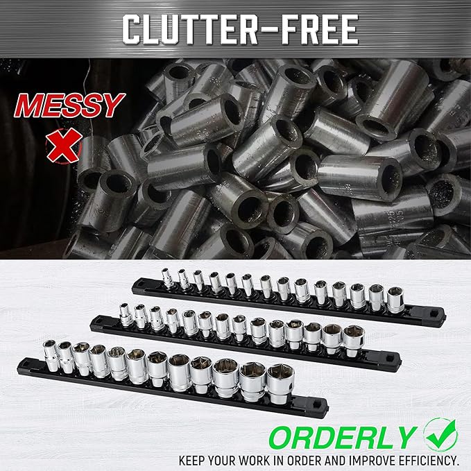 ALOANES 3-Piece Magnetic Socket Organizer, Heavy Duty Aluminum Socket Rails Organizer, 360째 Swivel Clips Socket Rail Set For Sockets Storage, 1/4-Inch Socket Holder x 42 Clips (Black)