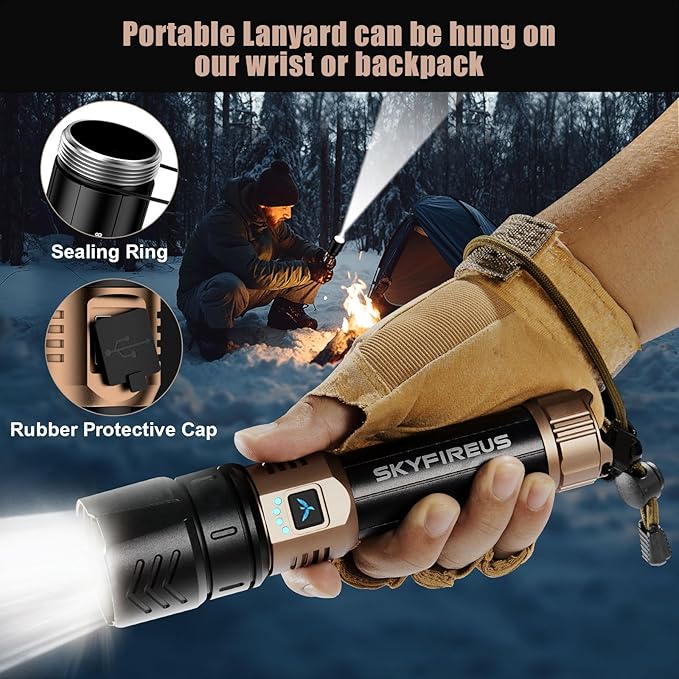 SKYFIRE Rechargeable Flashlight High Lumens,Super Bright Flashlight,Zoomable,Four Modes,Waterproof LED Flash Light for Camping Essentials,Outdoor and Home Emergencies-8000mAh