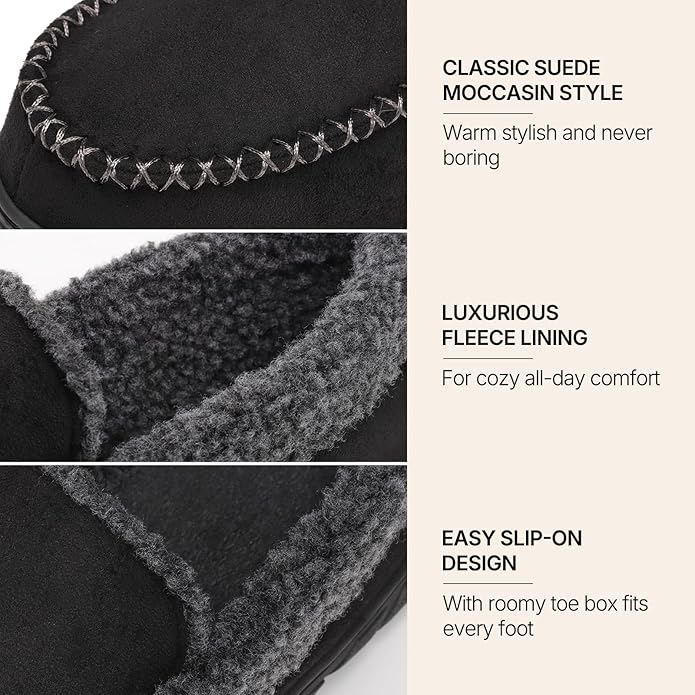 ATHMILE Men's Moccasin House Slippers, Memory Foam Arch Support, Plush Fuzzy Lining, Non-Slip Rubber Sole for Indoor/Outdoor Winter Comfort
