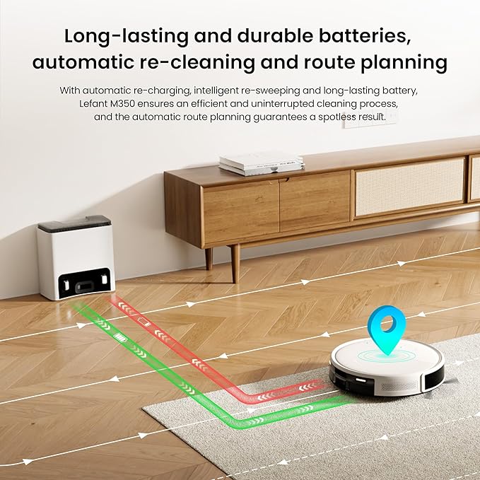 Lefant M350 Robot Vacuum and Mop Combo, 40-Day Self-Emptying, 190째 PSD Obstacle Avoidance,6000Pa Suction竊똒uiet,Smart Navigation,Self-Charging, for Hard Floor, Carpet, Pet Hair,150 Min Runtime.White