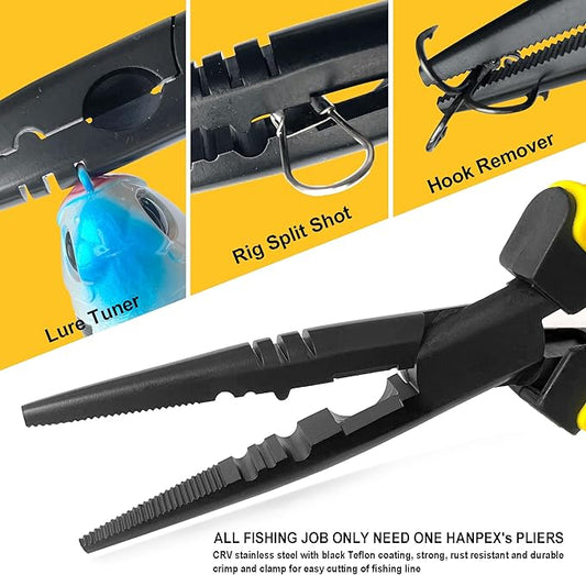 Hanpex-7 inch Fishing Pliers with Anti-rust Teflon coated, Freshwater/Saltwater Fishing Tools, Comfort Grip Handles Fishing Gear Idea for Fishing Trip