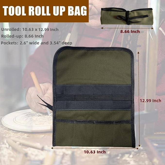 BLIRITEL Small Canvas Chisel Roll, Chisels Bag Tool Organizer with 4 Pockets, Metal Pry Bar Plier Wrench Roll Tool Pouch for Mechanic Carpenter Craftsman (Army Green)