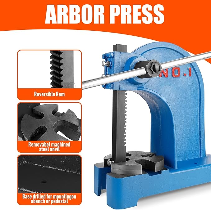 Arbor Press, 1 Ton Arbor presses, 5.5 Inch Max Height, Cast iron material, Manual Press is Suitable for Punching, Bending, Stretching and Forming Tasks in Workshops and Garages (1T Blue)