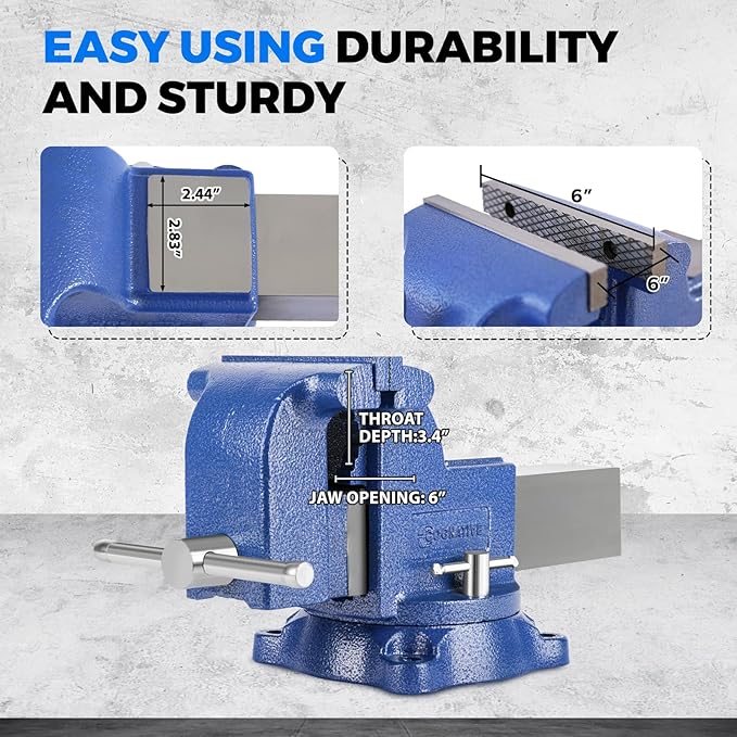 COGNATIVE 6" Heavy-Duty Bench Vise 13200LBS Stronger Clamping Force Ductile Iron Bench Vise 6 Inch 360째 Swivel Bench Vice with Anvil Blue, Include Mini Bench Vice Clamp