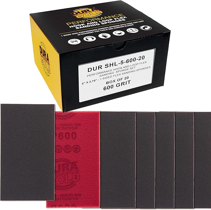 Dura-Gold 600 Grit 5" x 2-3/4" Sanding Sponges, Box of 20 - Performance Hook & Loop Wet or Dry Flexible Sandpaper Sponge Pads - for Hand Sanding Blocks, Palm Sanders - Polish Metal, Auto Paint, Wood