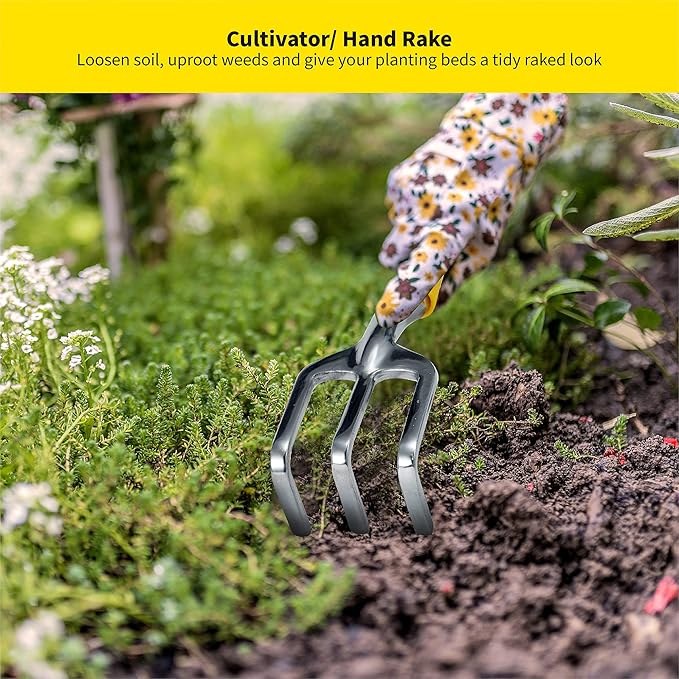 Gardenera 3PC Garden Tool Set with Soft Rubberized Non-Slip Handles - Hand Trowel, Transplant Trowel, Hand Rake in Polished Aluminum - Ideal for All Gardening Needs and The for Gardeners