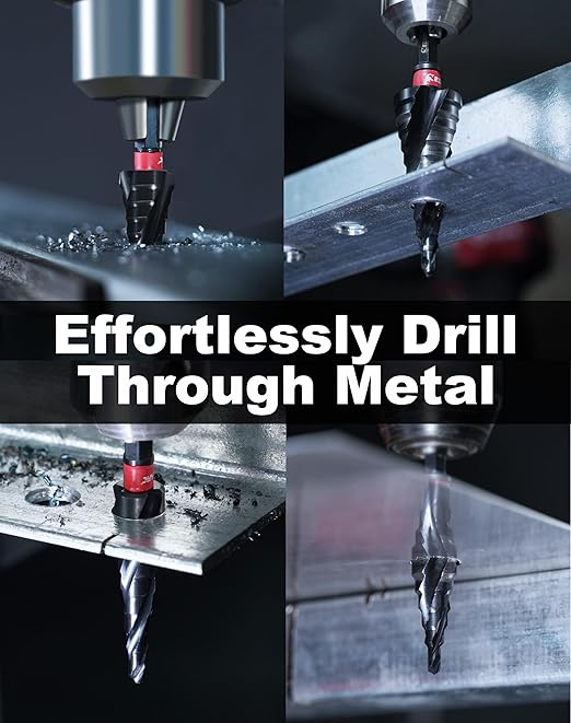 EZARC Step Drill Bit for Metal, M35 Cobalt Step Drill Spiral Flute Unibit Step Drill Bit (1/4"- 1-3/8") Wear-Resistant AlTiN Coated, 3/8" Shank for Metal, Stainless Steel, Aluminum, Plastic
