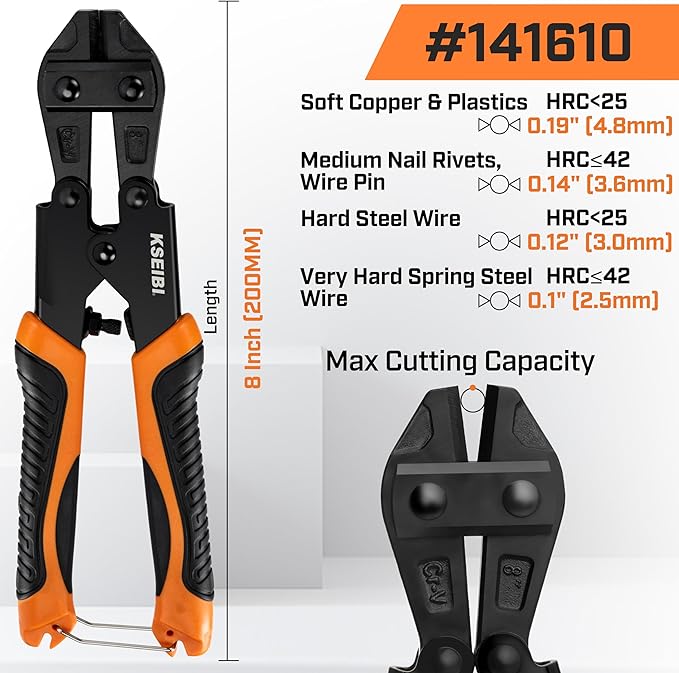 KSEIBI 141610 Mini Bolt Cutters 8 inch - Spring Loaded, CR-V Steel, Sharpened Cutting Edge, Wire Cutter, Snips Clippers, One Hand Operation, Small and Portable Design with Soft Grip Anti-Slip Handle