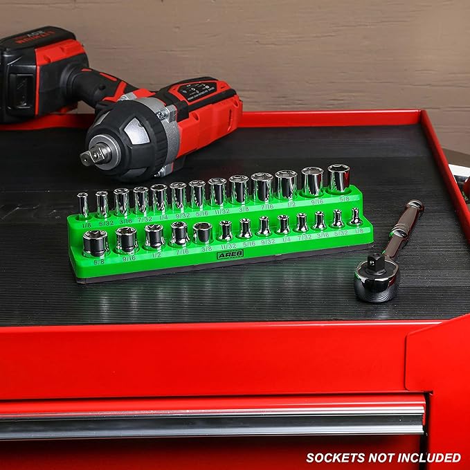 ARES 60005-26-Piece 1/4 in SAE Magnetic Socket Organizer -GREEN -Holds 13 Standard (Shallow) and 13 Deep Sockets -Perfect for your Tool Box -Also Available in RED
