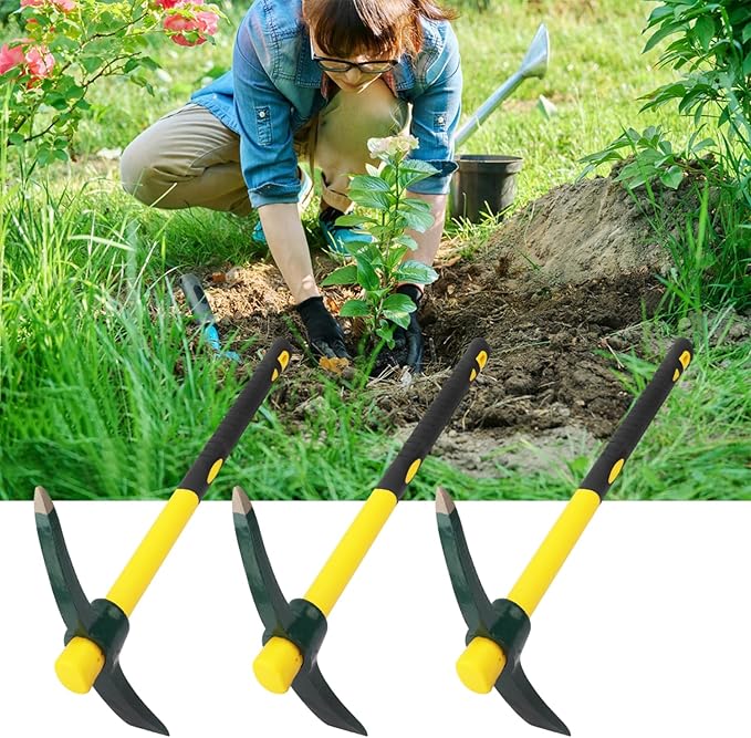 3 Pack 15 Inch Mattock Hoe, Steel Forged Pickaxe with Fiberglass Handle, Weeding Pick Axe, Hand Digging Mattock for Camping, Prospecting, Weeding