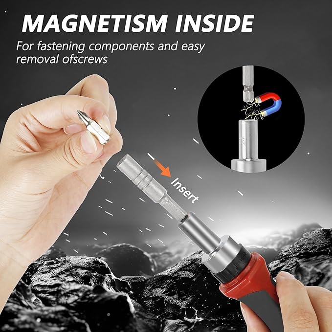 42-in-1 Ratcheting Multi-Bit Screwdriver Set, 40 Bits, 60mm Extension Bar, 1/4?쇺?Magnetic Driver Handle, 40 Bits- Torx, Slotted, Phillips, Square竊똇ex, Pozidriv & Security Bits Included